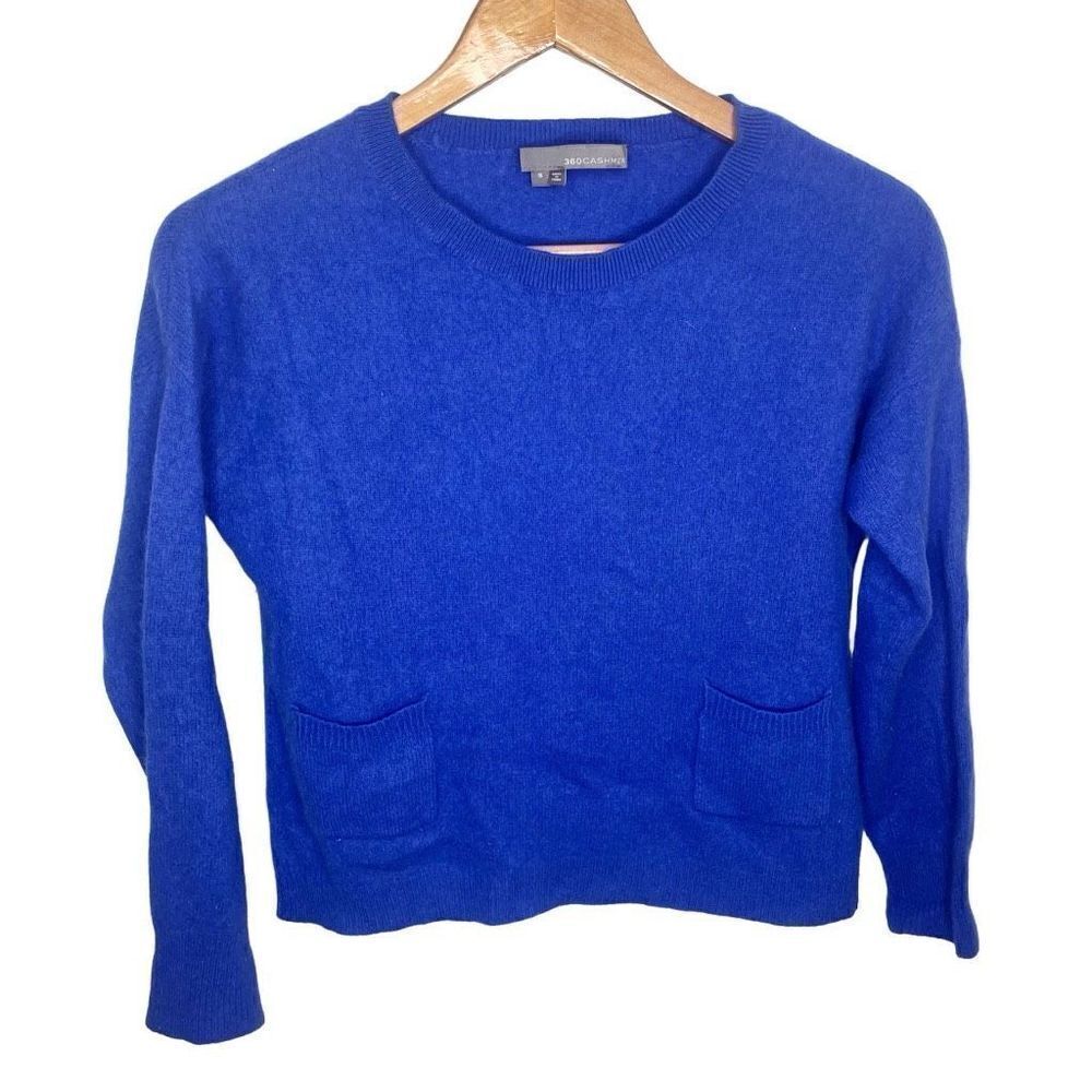 360‎ Cashmere Cobalt Blue Sweater Crewneck Pocket Front S Small Luxury